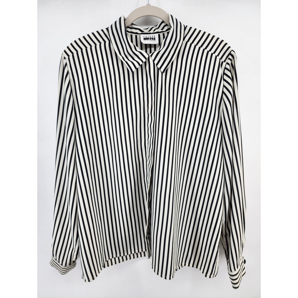 Leslie Fay Sportswear Black White Vertical Striped Button Up Blouse Shirt